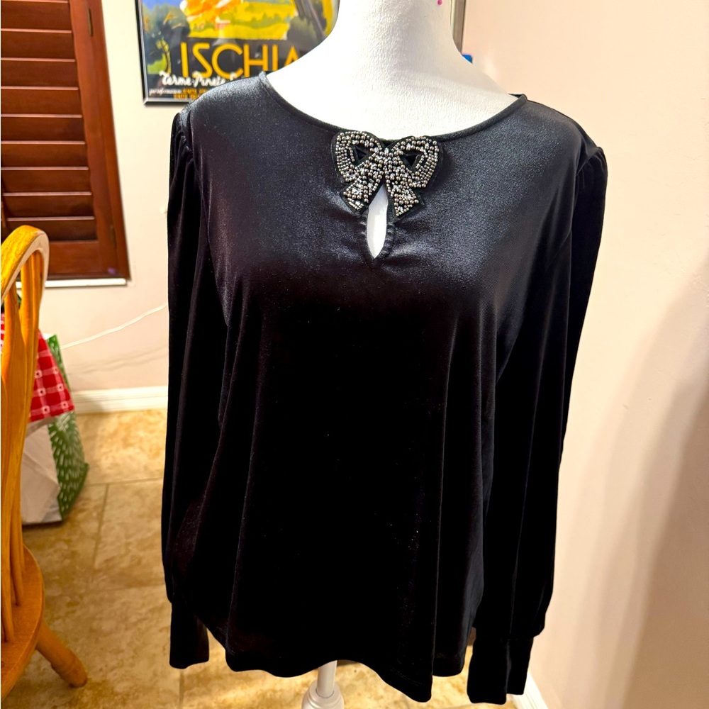 Ann Taylor Loft velvet shirt with beaded bow detail.